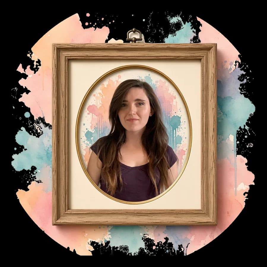 Jessie Roundy, a head and shoulders portrait in a round gold picture frame, with paint splatters around the frame