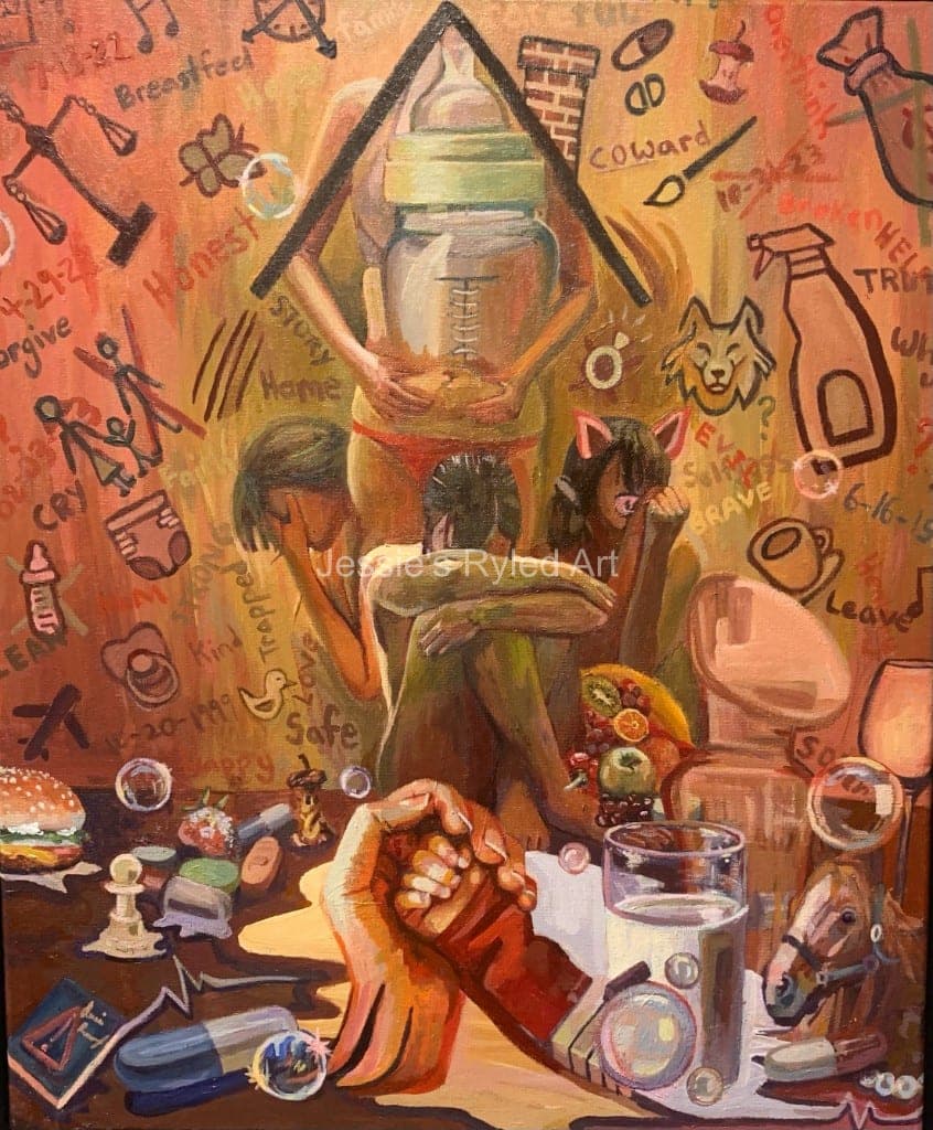 A house-shaped baby bottle towers over seated figures among household objects, food, pills, and handwritten words on a warm orange ground.