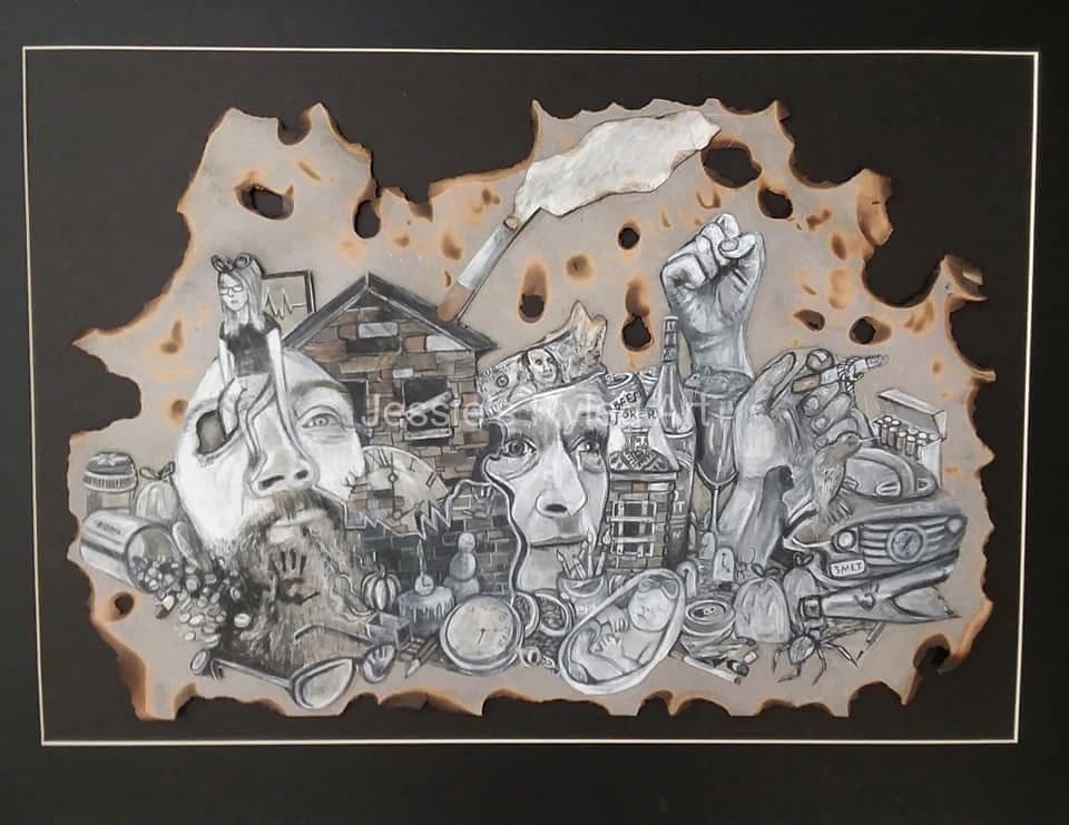 Mixed media collage in an irregular burned-edge shape on a dark mat, with two faces, a brick house, a raised fist, bottles, a baby, clocks, and other objects.