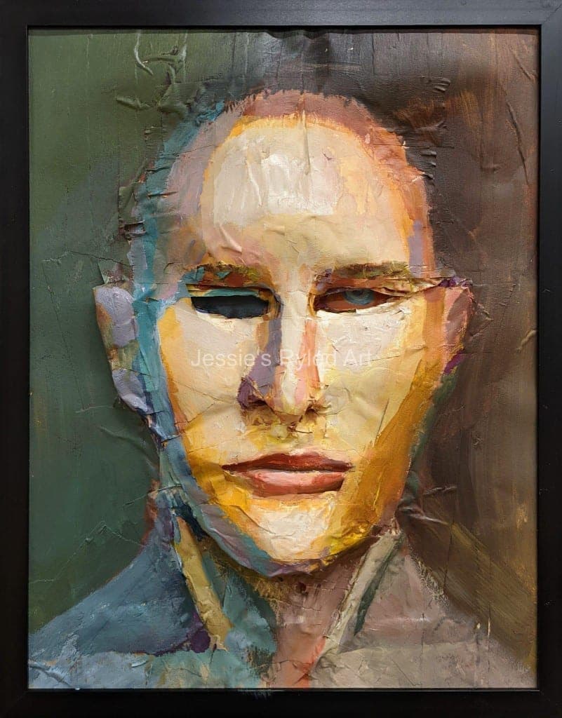 A textured painted portrait of a person facing forward in a black frame, with thick paint and torn paper on the face.