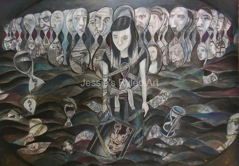 A girl stands in dark rolling water among many pale elongated faces, holding a chained bag wrapped in caution tape.