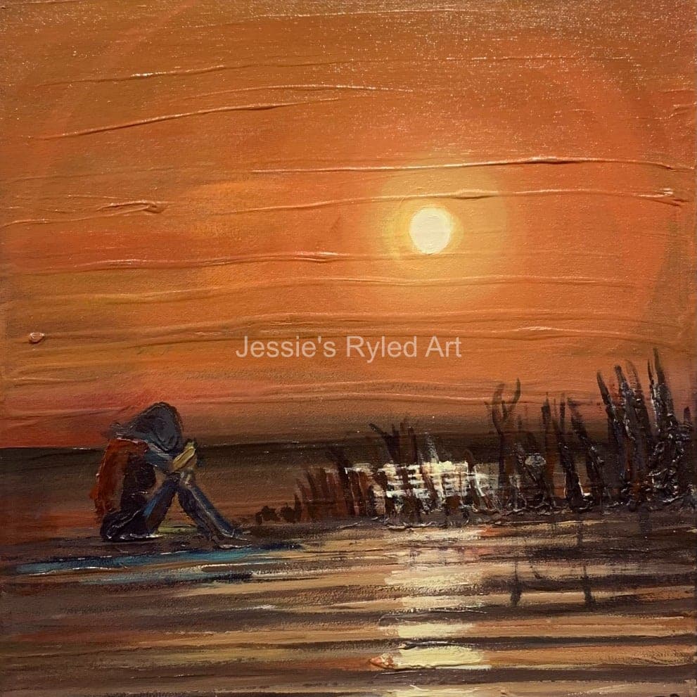 Two figures sit together under an orange sun beside water, painted in thick strokes.