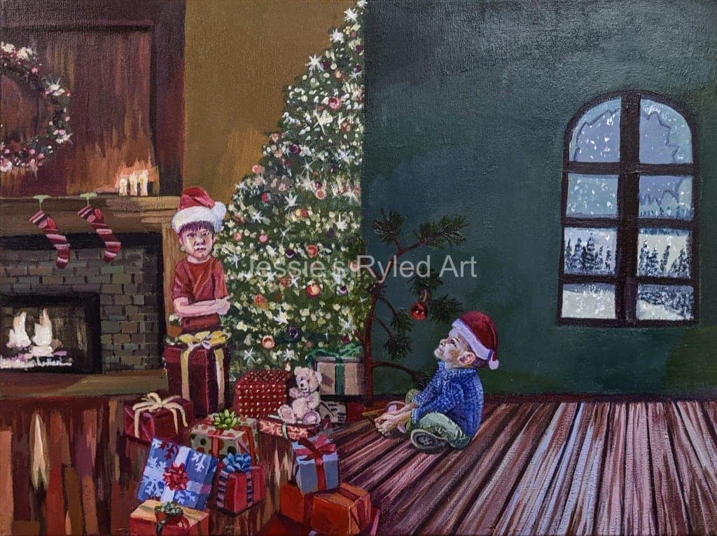 Two children in Santa hats in a living room at Christmas, one standing with arms crossed by the gifts, the other sitting on the floor looking up.