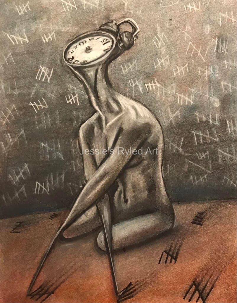 A seated figure with an alarm clock for a head, tally marks covering the wall behind.